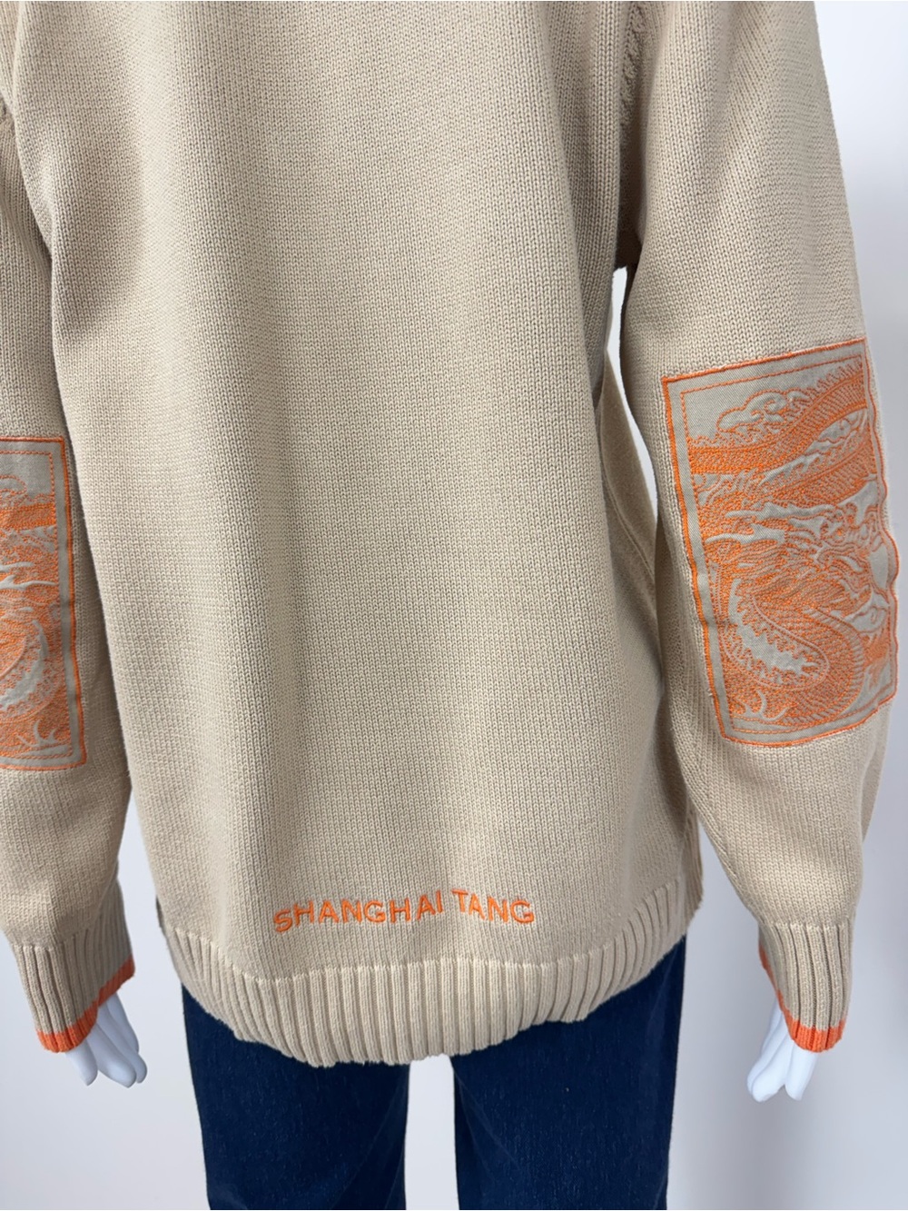 Shanghai Tang Cotton Quarter Zip Sweater Beige Orange Dragon Patch Embroidery - Picture 6 of 10